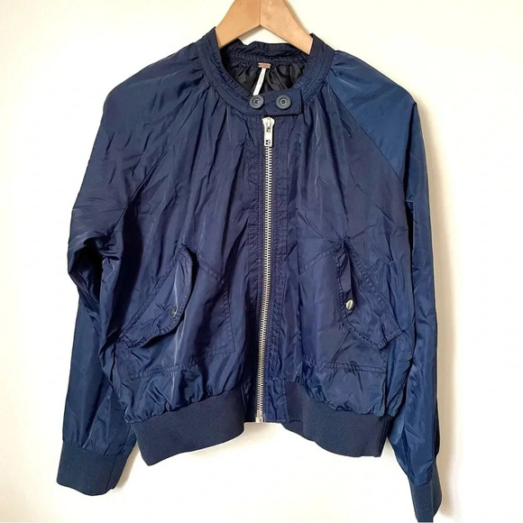 Free People Midnight Satin Bomber Jacket Navy Blue Medium - Picture 5 of 12